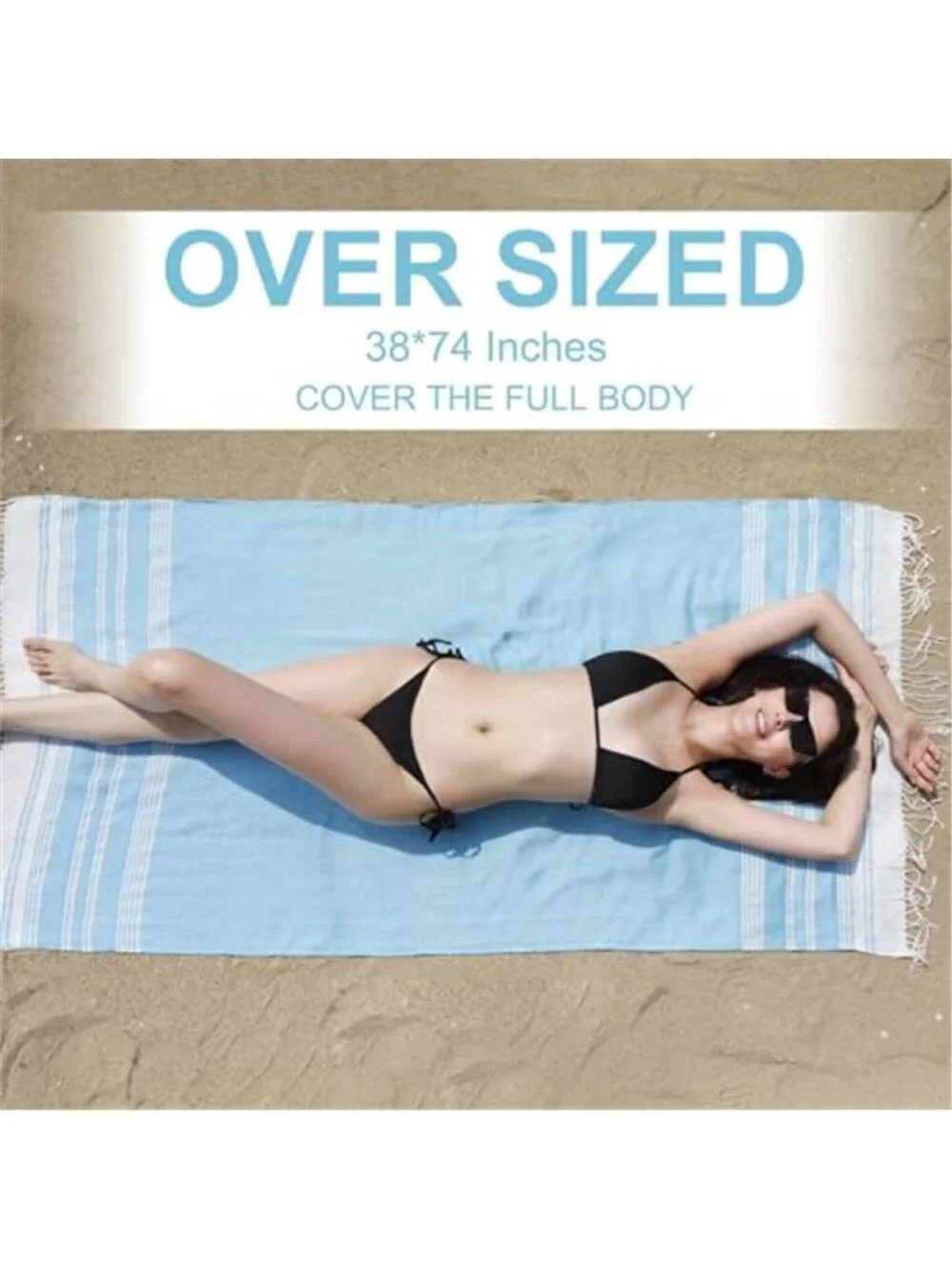Oversized Turkish Beach Towel Light Blue Quick Dry Cotton 74 X 38 Tassel Towel